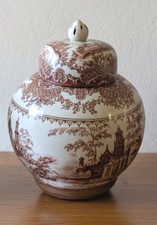 Red/Brown Transferware Lidded Canister with Scenic Architectural & Floral Pattern — listing 2