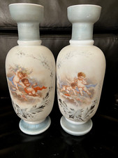 Pair of Victorian Hand-Painted Opaline Glass Bud Vases with Cherub Cartouches — listing 3