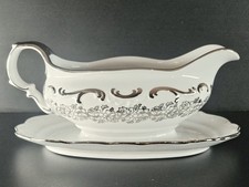 Vintage White Porcelain Gravy Boat with White Lace Scroll Border and Platinum Trim — listing 3