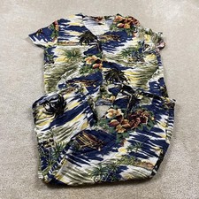 Vintage Hawaiian Print 2-Piece Set — Navy & Tan Floral Open Blouse and Elastic-Waist Pants — listing 5