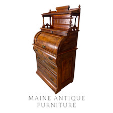 Antique Edwardian Inlaid Mahogany Cylinder Roll-Top Writing Desk with Glazed Bookcase Top — listing 2