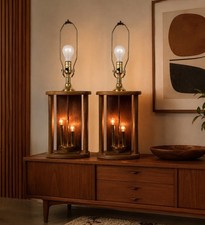 Don Ward Mid-Century Etched Smoked Glass Panel Oak Wood Table Lamp