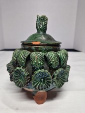 Mexican Michoacán Green Glazed Terracotta Lidded Casserole with Fish Finial, 7" Diameter — listing 2
