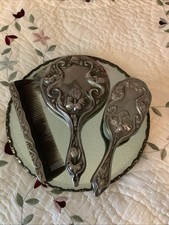 Vintage Silverplate Vanity Set - Hand Mirror, Brush & Ornate Tray — listing 6