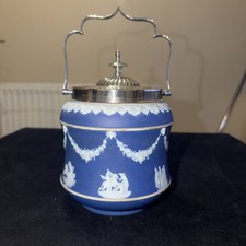 Wedgwood Sage Green Jasperware Biscuit Barrel with Silver-Plate Mounts, Neoclassical Sacrifice Figures — listing 4