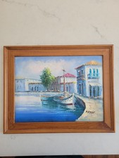 Mediterranean Harbor Scene Painting with Boats and Palm Tree, Distressed Yellow Frame — listing 6
