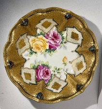 Antique Nippon Hand-Painted Cobalt & Gold Floral Scalloped Bowl with Chrysanthemums and Moriage Dots Yes - it says Nippon or has a wreath/map