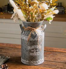 Decorative Galvanized Metal Milk Can Vase with Woven Basket Weave Sleeve — listing 2