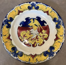 French Faience Handled Serving Dish with Armorial Crest and Floral Border, Octagonal Two-Handled Tray — listing 6