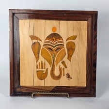 Marquetry Wood Inlay Wall Panel Depicting Elephants in a Jungle Landscape — listing 5