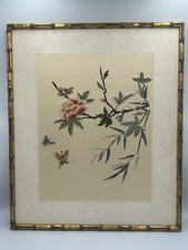 Framed Asian Peony and Butterfly Painting on Gold-Speckled Cork/Textured Ground — listing 3