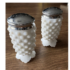 Vintage Milk Glass Hobnail Salt & Pepper Shakers Pair with Silver Tone Lids — listing 4