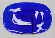Vintage 1970s Cobalt Blue Glass Serving Tray with Silver-Tone Wire Basket Stand — listing 2
