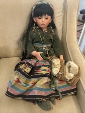 Porcelain Native American Girl Doll in Beaded White Buckskin Dress with Stand — listing 4