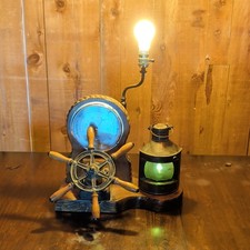 Nautical Barometer Table Lamp with Burlap Drum Shade on Wood Base