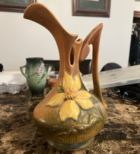 Roseville Pottery Clematis Ewer in Green, Mid-Century Art Pottery Pitcher