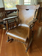 Antique Early 20th Century Oak Rocking Chairs, Pair — Splat-Back Armchair Rockers — listing 2