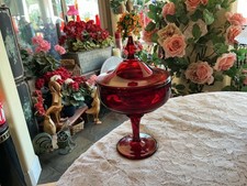 Vintage Ruby Red Glass Footed Compote / Pedestal Candy Dish with Clear Stem — listing 3