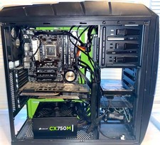 Complete Desktop Computer Workstation Setup with Widescreen Monitor, Tower PC, UPS, Keyboard, and Gaming Headset on Wood Computer Desk — listing 6