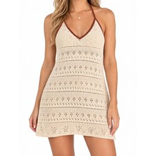 White Crochet Knit Halter Tie-Back Mini Dress / Beach Cover-Up with Ruffle Hem — listing 4