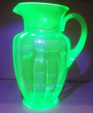Vintage Uranium Glass Miniature Pitcher Vase, Green, Ruffled Rim, 5 inch, listing 3