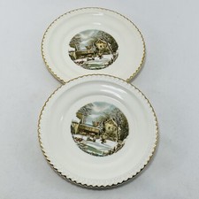 Harkerware Currier & Ives Dessert Set - 4 Small Plates, 1 Larger Plate & Cake Server (The Farmer's Home Winter / A Home in the Wilderness) — listing 5