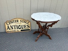 Antique Victorian Marble-Top Parlor Table with Turned Wood Legs and Fretwork Gallery — listing 5