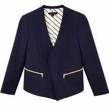 Navy Blue Collarless Tailored Blazer Jacket with Textured Weave — listing 2