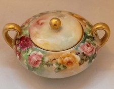 Vintage Porcelain Covered Sugar Bowl with White Scroll Damask Pattern and Platinum Trim — listing 2