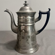 Antique 19th Century Pewter Coffee Pot with Hinged Lid and Angular Handle, Maker Unknown