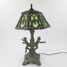 Antique Slag Glass Table Lamp with Figural Cherub Base and Amber Panel Shade — listing 4
