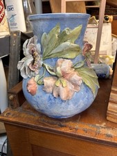 Antique French Barbotine Majolica Twin-Handled Vase with Applied Roses and Lilacs — listing 5