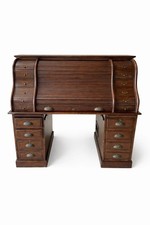 Antique Oak Tambour Roll Top Writing Desk with Lower Shelf — listing 5