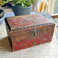 Antique Pyrography Six-Sided Wooden Box with Lid, Carved 17th-Century Cavalier Portrait, 7.5 in. High — listing 5