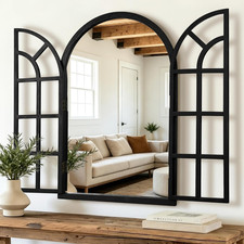 Arched Window Wall Mirror with Functional White Shutters, Farmhouse Cottage Decor — listing 3