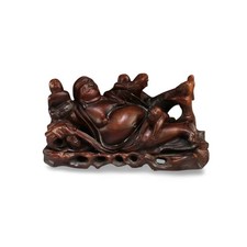 Vintage Chinese Hand-Carved Wooden Hotei Laughing Buddha Statue with Frog on Tree Branch, 10 inches — listing 2