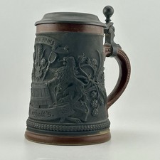 Pair of Antique German Salt-Glazed Stoneware Beer Steins with Cobalt Blue Relief Decoration, One with Pewter Lid — listing 4
