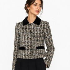 Multicolor Tweed Bouclé Jacket with Velvet Trim and Ruched Buttons