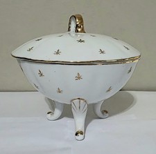 Vintage Ceramic Covered Vegetable Dish with Gold Fleur-de-Lis Border and Tab Handles — listing 5