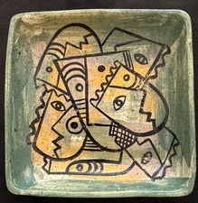 Mid-Century Modern Hand-Painted Terracotta Square Tray with Stylized Face and Foliage — listing 2