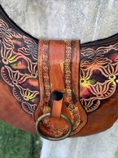 Vintage Hand-Tooled Leather Purse with Wooden Handle, Indian Krishna & Radha Motif — listing 4