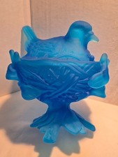 Blue Satin Milk Glass Figural Covered Dish with Chick/Bird Finial on Tri-Leg Base — listing 5