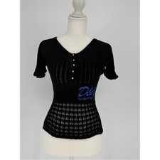 Dolce & Gabbana Black Pointelle Knit Short-Sleeve Henley Top with Blue Glitter Logo, Size 42 (IT)