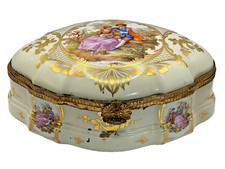 Antique Porcelain Lidded Dresser Box with Fragonard Courting Couple Transfer, Brass Mount & Mirror