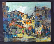 Large Abstract Cityscape Skyline Oil Painting on Canvas, Signed — listing 4