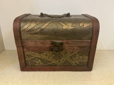 Vintage Dome-Top Wooden Trinket Chest with Wrought Iron Scrollwork Strap Hardware