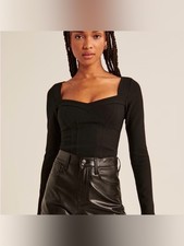 Abercrombie & Fitch Black Sweetheart Neckline Corset-Seam Crop Top with Balloon Sleeves