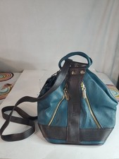 Valentina Italian Leather Two-Tone Doctor-Style Satchel Handbag in Turquoise & Tan — listing 6