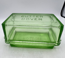 Vintage Green Uranium Glass Butter Dish Top / Lid with Embossed "BUTTER" Lettering