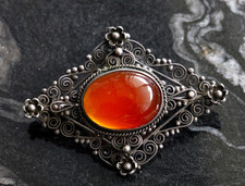 Vintage Carnelian Cabochon Rectangular Filigree Pendant in Yellow Gold Tone — listing 5